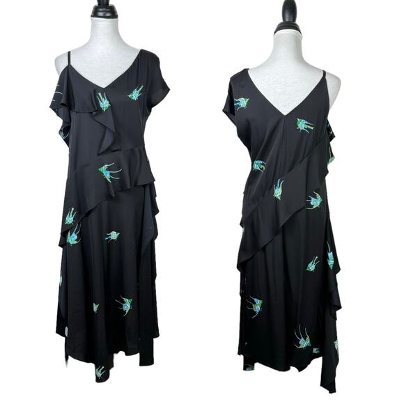 Diane von Furstenberg Black Bird Print Asymmetric Silk Jersey Ruffle Dress - Picture 3 of 12